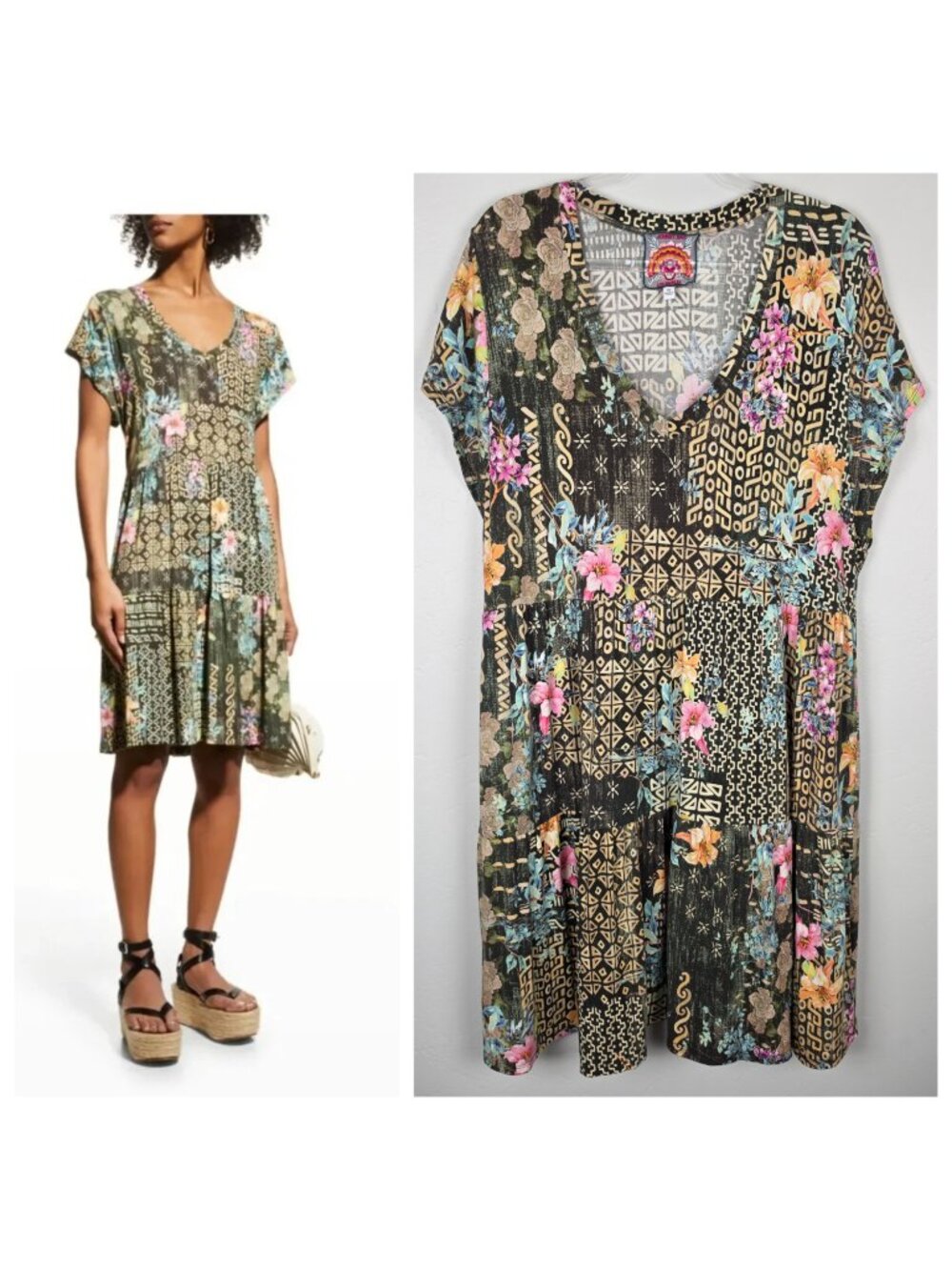 Johnny Was Olive Multi Floral Patchwork V-Neck Dress
